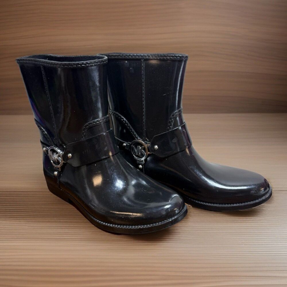 Michael Kors Fulton Harness Black Rubber Rain Boots Silver MK Logo Mid